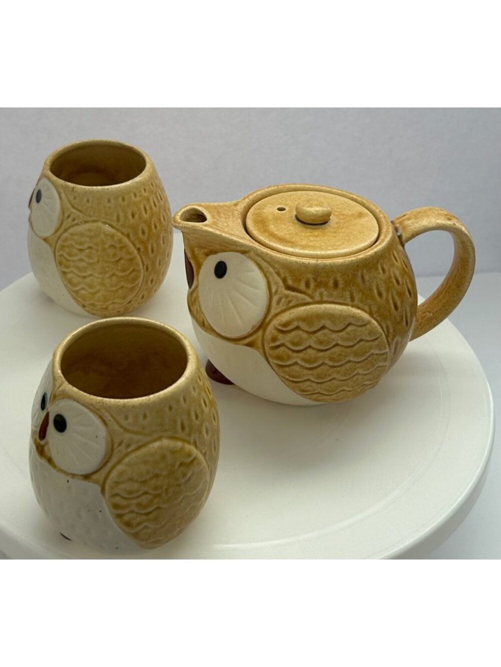 Vintage Mino Kotobuki Owl Ceramic Teapot w/ Diffuser 2 Matching Cups Tan & White - Picture 2 of 10